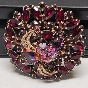 Stunning Round Huge Haute Burgundy Ruby Red Floral Brooch Pin